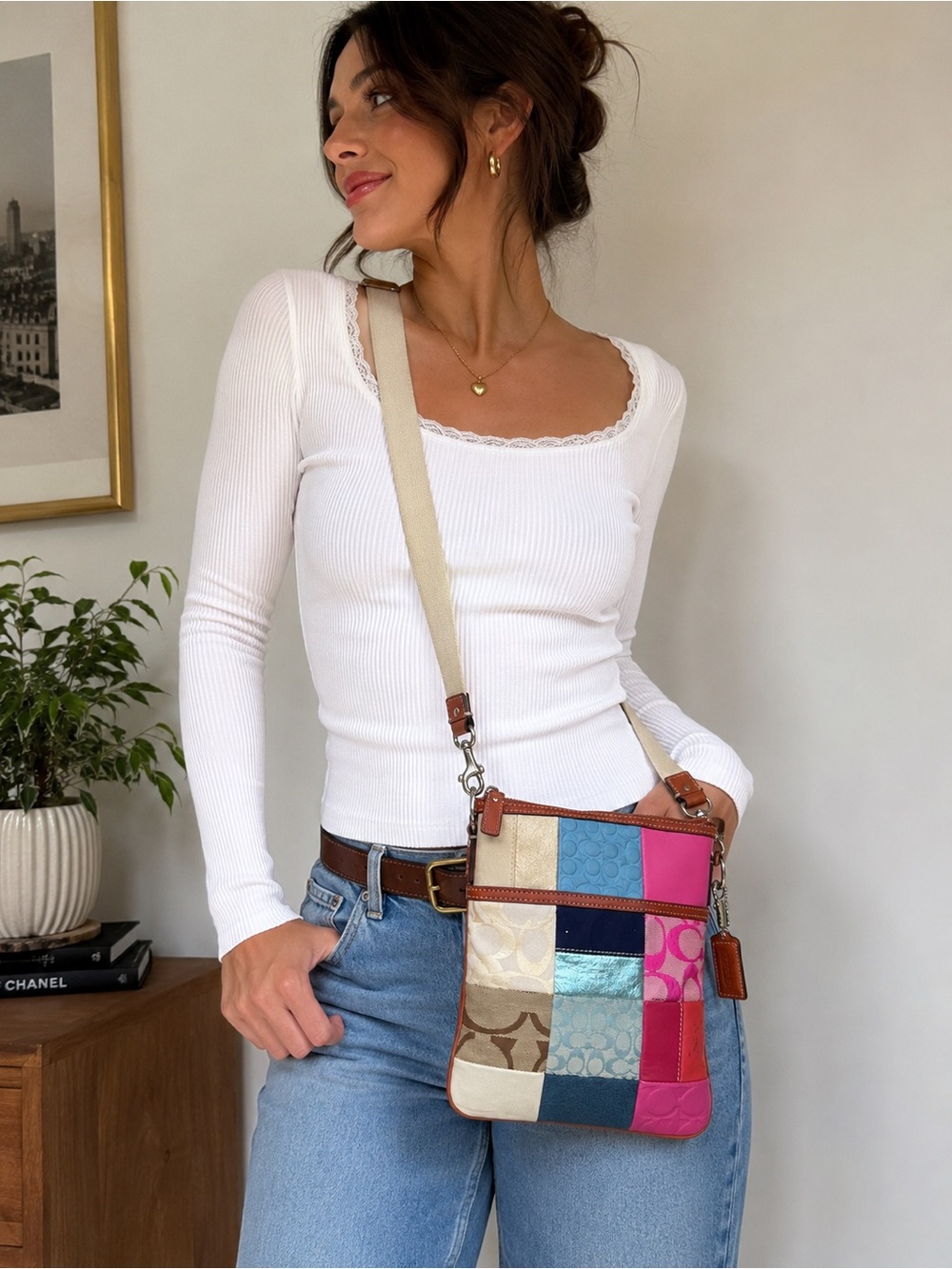 Coach Patchwork Crossbody Bag Multicolor Signature Canvas Leather Pink